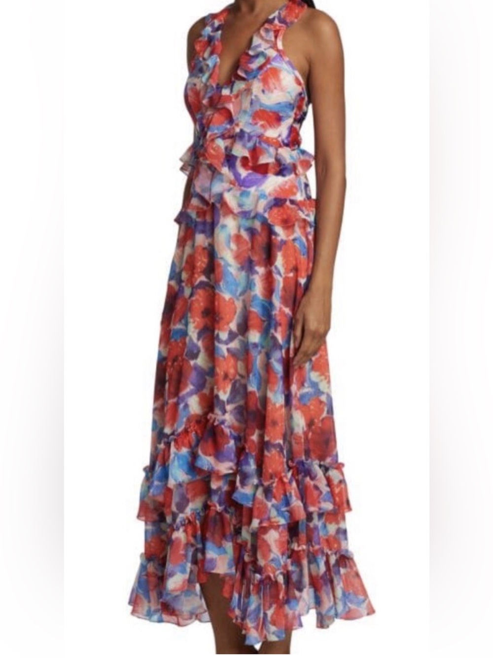 NWOT PatBO Floral Ruffle V-Neck Maxi Dress in Red & Blue